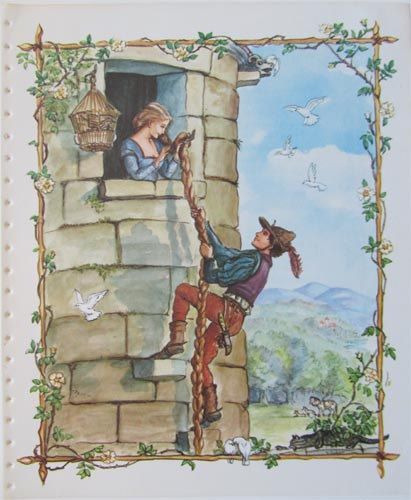 "Rapunzel" by Tasha Tudor. Illustration to be found in the "Tasha Tudor Book of Fairy Tales" (Platt and Munk, 1969). Tasha Tudor, 동화 삽화, Fairytale Nursery, Classic Fairy Tales, Brothers Grimm, Fairytale Illustration, Vintage Fairies, Fairytale Art, Childrens Stories