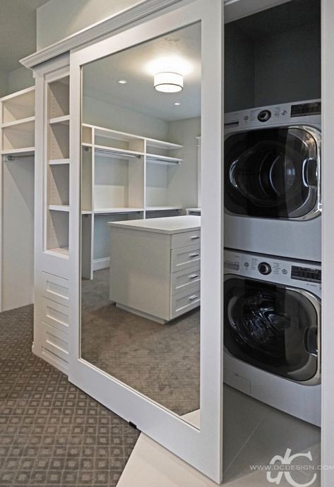 Washer Dryer Walk In Closet, Washer And Dryer In Walkin Closet, Washer And Dryer Master Closet, Bathroom Closet Remodel Master, Master Suite Bathroom With Laundry, Laundry Room In Closet Walk In, Laundry In Master Closet Ideas, Hidden Master Closet, Washer In Master Closet