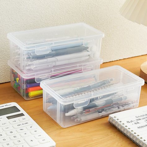 New 1PC Large Capacity Plastic Pencil Box Stackable Translucent Clear Pencil Box Office Supplies Plastic Pencil Box, Box Pencil Case, Crayon Painting, Office Supply Storage, Art Supplies Storage, Marker Storage, Pencil Storage, Sketch Pencil, Desk Supplies