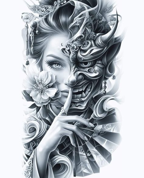 Female Samurai Tattoo, Tato Irezumi, Tato Geisha, Japanese Geisha Tattoo, Samurai Mask Tattoo, Japanese Warrior Tattoo, Japanese Mask Tattoo, Samurai Tattoo Sleeve, Geisha Tattoo Design