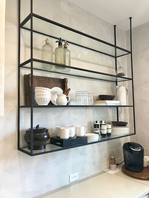 if we take out front glass panel and can the glass co by me re-use it and just cut it as shelves? Kitchen Shelves Styling, Shelf Decorating, Glass Shelves In Bathroom, Shelf Industrial, Glass Shelves Kitchen, Floating Glass Shelves, Organizer Kitchen, Shelf Black, Casa Country