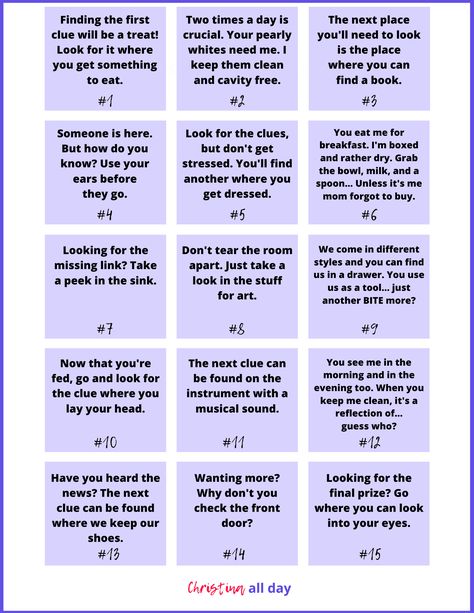 My kids had a blast with an indoor scavenger hunt we planned for them, so I want to share it with you here - Print this sheet of scavenger hunt clues, cut out each one, and hide them around your house to keep them entertained | scavenger hunt ideas for kids | scavenger hunt clues | printable scavenger hunt | scavenger hunt indoors for kids | FREE PRINTABLE | Christina All Day Boyfriend Scavenger Hunt, Kids Scavenger Hunt Clues, Scavenger Hunt Ideas For Kids, Easter Scavenger Hunt Clues, Scavenger Hunt Riddles, Scavenger Hunt Ideas, Disney Trip Surprise, Easter Scavenger Hunt, Treasure Hunt For Kids