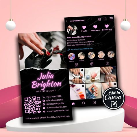 Instagram Business Card for Nail Specialist Canva Edit Template Nails Cards Business, Nail Tech Business Cards, Nail Specialist, Lash Technician, Hair Business Cards, Canva Edit, Stylist Business Cards, Makeup Artist Business Cards, Hairstylist Business Cards