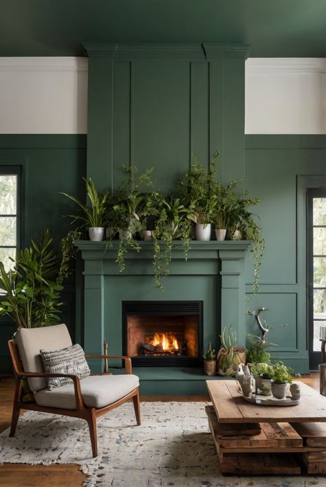 interior decorating, home decor, living room design, fireplace decor, indoor plants, greenery decor, cozy home design Green Painted Fireplace Surround, Green Wall Fireplace, Singletree Ideas, Fireplace Plants Decor, Green Painted Fireplace, Green Fireplace Wall, Living Room Decor With Fireplace, Dark Green Living Room Ideas, Sage Lounge