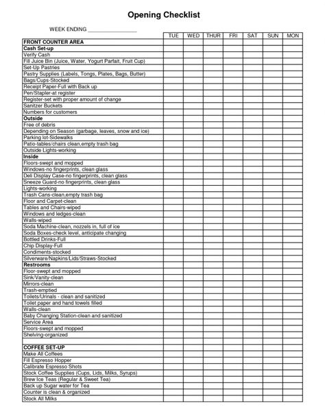 Restaurant Checklist New Restaurant Checklist, Restaurant Back Of House Organization, Coffee Bar Checklist, Restaurant Manager Tips, Coffee Shop Checklist, Opening A Restaurant Checklist, Restaurant Opening Checklist, Restaurant Manager Checklist, Restaurant Organization Ideas