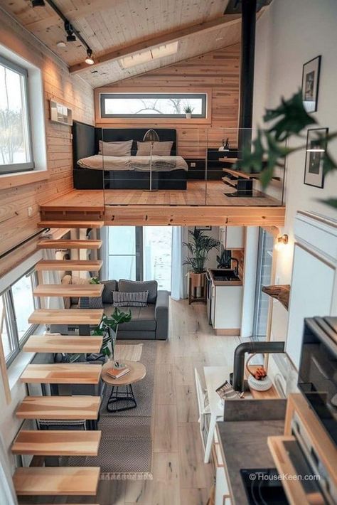 Cabin Loft Bedroom, Tiny House Loft Bedroom, Small Loft Apartments, Wohne Im Tiny House, Tiny Loft, Loft House Design, Mini Loft, Casa Loft, Tiny House Loft