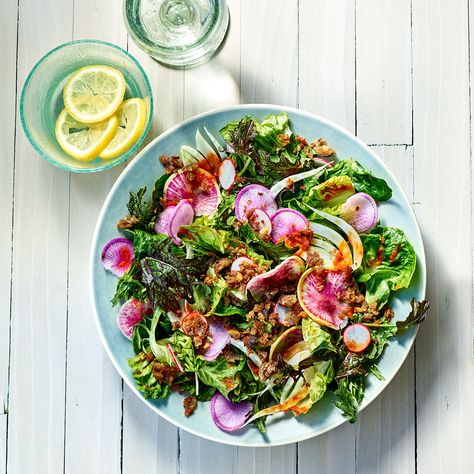 Summer Greens Salad with Tomato Vinaigrette & Anchovy Breadcrumbs Summer Green Salad, Anchovy Recipes, Tomato Vinaigrette, Fiddlehead Fern, Green Salad Dressing, Pickled Shallots, Green Salads, Greens Salad, Oxtail Recipes