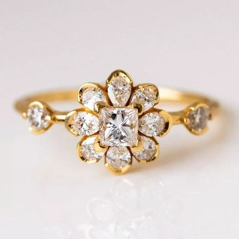 The 30 Best Flower Engagement Rings of 2023 Egagement Rings, Flower Diamond Engagement Ring, Local Eclectic, Floral Engagement Ring, Statement Rings Diamond, Couple Wedding Rings, Flower Engagement Ring, Pear Cut Diamond, Solid Gold Rings