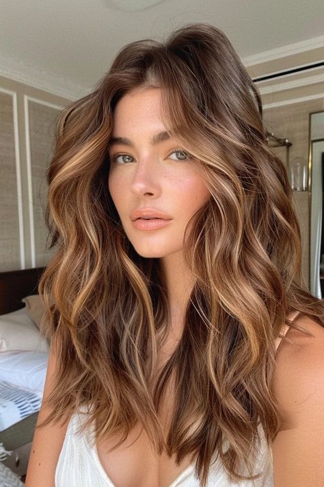 Woman with long, wavy brown hair and subtle highlights standing indoors. Brown Balayage Caramel Honey, Balayage Hair Warm Tones, Bronde Caramel Hair, Perfect Fall Hair Color, Clear Spring Hair Color Ideas, Chestnut Bayalage Brunette, Salted Caramel Balayage, Warm Burnett, Burnett Baylage Fall