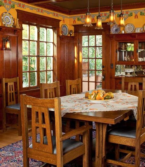 Dining room of restored 1906 Bungalow originally designed by architect Emil Schacht: Arts And Crafts Dining Room, Raised Ceiling, Craftsman Dining Room, Craftsman Interiors, Arts And Crafts Interiors, Wainscoting Styles, Prairie School, Arts And Crafts House, Craftsman Style Home