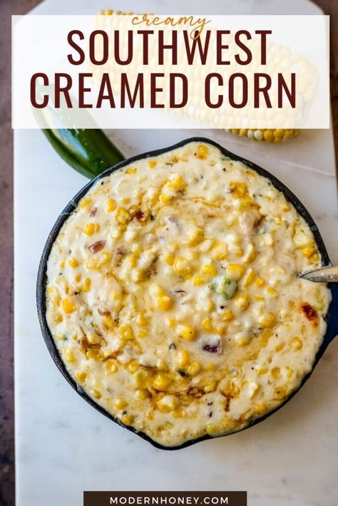 This Southwest Creamed Corn is made with white corn, sauteed with jalapenos and onions, and cooked with heavy cream and pepper jack cheese. The perfect creamed corn recipe with so much flavor! Southwest Cream Corn, Creamed Jalapeno Corn, Spicy Cream Corn Recipe, Southwest Creamed Corn, Spicy Cream Corn, Southwest Corn Casserole, Mexican Cream Corn, Wings Side Dishes, Cream Corn Recipe