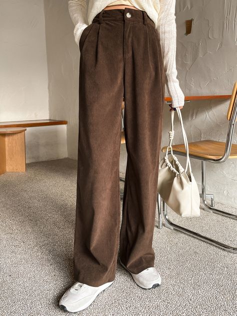 Coffee Brown Casual   Corduroy Plain Wide Leg Embellished Non-Stretch Fall/Winter Women Bottoms Dark Brown Wide Leg Pants, High Rise Corduroy Pants, Corderoy Outfits Women, Coudroy Pants Outfit Women, Curdory Pants Outfit, Corduroy Pants Outfit Women, Brown Corduroy Pants Outfit, Celana Corduroy, Corduroy Trousers Outfit