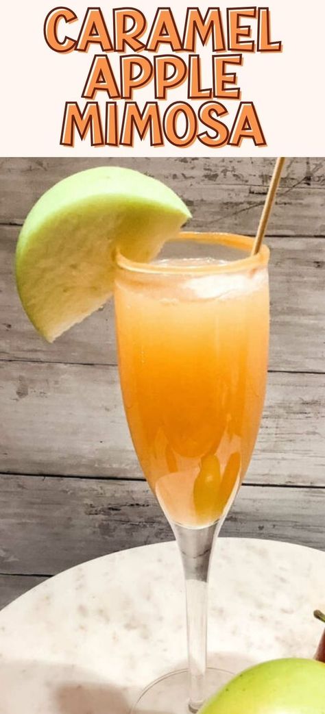 caramel apple mimosa Apple Cider Mimosas Recipe, Holiday Mimosas Recipe, Different Kinds Of Mimosas, Wine Mimosa Recipe, Mimosa Flights At Home, Caramel Apple Cider Mimosa, Caramel Apple Mimosa Recipe, Fall Mimosa Bar Ideas Brunch Party, Carmel Apple Mimosas Recipe