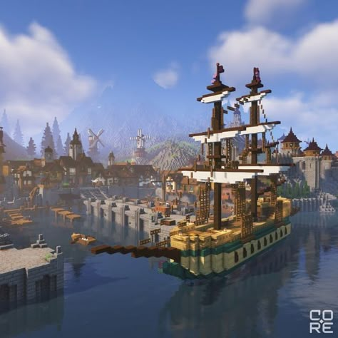 Minecraft Cities, Medieval Ship, Minecraft Castle Designs, Minecraft Statues, City By The Sea, Minecraft Castle, Minecraft Medieval, Sea House, Minecraft Room