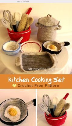 Kitchen Cooking Set Crochet Free Pattern #crochet #amigurumi #craftinspo #сrochettoys #stackingcrochettoy  #crochettoyspatterns  #crochettoysforcat  #interactivecrochettoys  #catnipcrochettoy  #bluecrochettoys  #whitecrochettoy  #crochettoyaesthetic  #crochettoycarfreepattern  #crochettoystory Confection Au Crochet, Crochet Food, Crochet Kitchen, Cooking Set, Set Patterns, Crochet Free, Play Food, Kitchen Cooking, Amigurumi Free