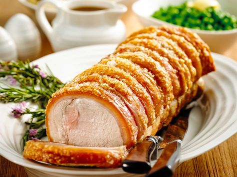 Roasted pork loin with crackling roast vegetables, gravy and apple sauce | Recipe | Australian Pork Rolled Pork Roast, Roast Pork Crackling, Perfect Roast Pork, Crackling Recipe, Pork Leg Roast, Creamy Potato Bake, Slow Roast Pork, Roast Pork Loin, Pork Crackling