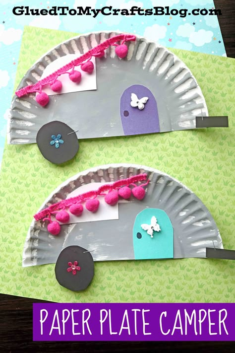 Paper Plate Camper Craft Idea For Kids Spring Easy Arts And Craft Ideas For Kids, Camping Art Crafts For Preschoolers, Prek Camping Crafts, Preschool Activities Camping, Camping Crafts For Kids Toddlers, Paper Plate Camper Craft, Camping Art Toddlers, Camping Art Activities For Toddlers, Camping Activities For Preschool Crafts For Preschoolers