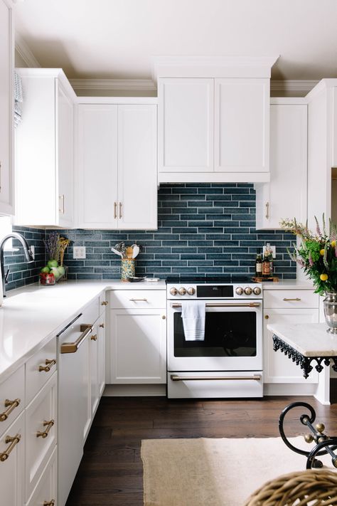 Kitchen With Blue Appliances, White Kitchen Blue Subway Tile, Small Kitchen White Appliances, Color Subway Tile Kitchen, Kitchen Remodel White Appliances, Kitchen Hood Storage, Blue Tiles In Kitchen, White Kitchen Navy Accents, White Kitchen Blue Tiles