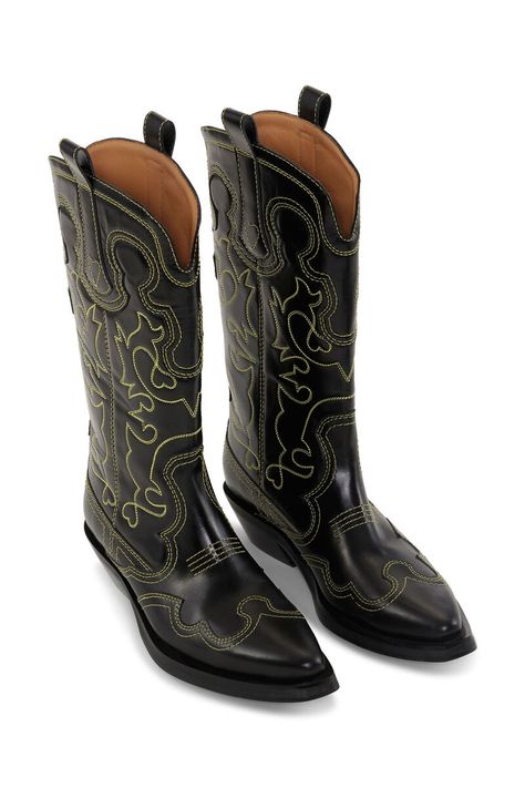 Black/Egret Mid Shaft Embroidered Western Boots | GANNI UK Urban Shoes, Icon Shoes, Boots Patterns, Jeans Boots, Cuban Heels, Western Boot, Tshirt Skirt, Flat Boots, Crossbody Tote