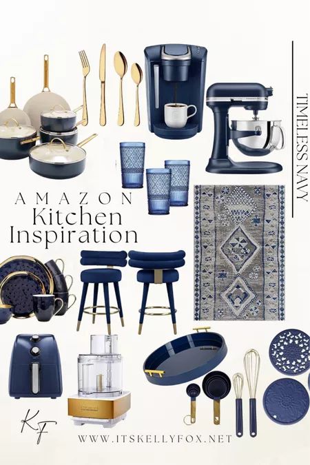 Blue And Navy Kitchen, Black And White Kitchen With Blue Accent, Blue White And Gold Kitchen Decor, Kitchen With Blue Accessories, White Kitchen Blue Accessories, Blue And White Kitchen Apartment, Grey And Blue Kitchen Decor Ideas, Gray And Blue Kitchen Decor, Grey Kitchen With Navy Accessories