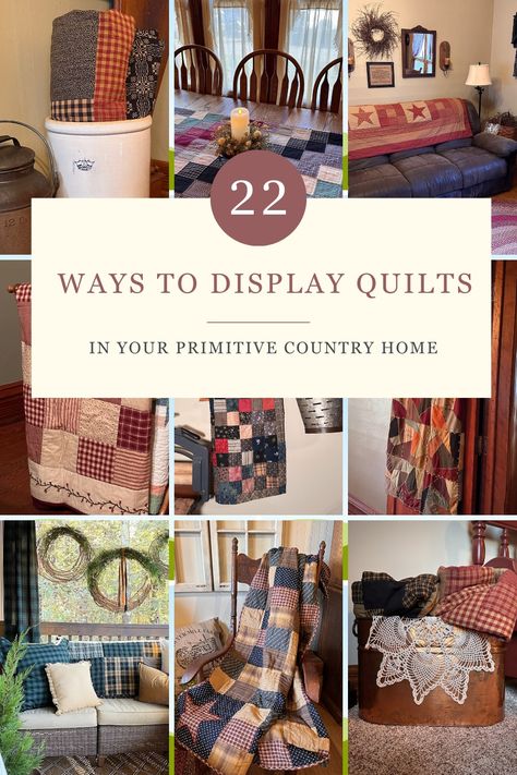 Rolled quilts in a crock, quilt folded over the couch, quilt displayed on a rocker. 22 ways to display quilts in your home. How To Hang Large Quilts On Wall, Ways To Hang Quilts On The Wall, Displaying Vintage Quilts, Decorating With Old Quilts, Quilt Displays Ideas, How To Display Old Quilts, Decorating With Quilts Bedroom, Displaying Quilts On Wall, Hanging A Quilt On The Wall Ideas