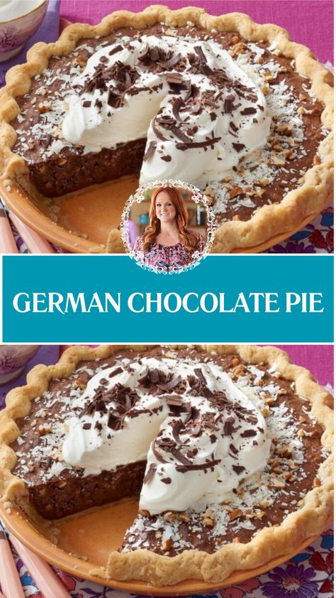 Pioneer Woman German Chocolate Pie Easy Buttermilk Pie Recipe, German Chocolate Pie Recipe Easy, Pioneer Woman Dessert Recipes, German Chocolate Cream Pie, German Chocolate Dessert, Raisen Pie Recipes, Jiffy Pie Crust Mix Recipes, Pies Recipes Easy Thanksgiving, Grandmas Chocolate Pie