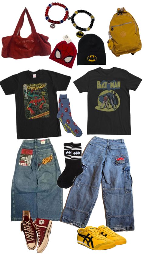 Peter Parker Clothes Aesthetic, Nerd Core Outfit, Spiderman Themed Outfits, Spiderman Aesthetic Outfit, Spider Man Inspired Outfit, Batman Streetwear, Spiderman Fits, Spiderman Streetwear, Spiderman Outfit Ideas