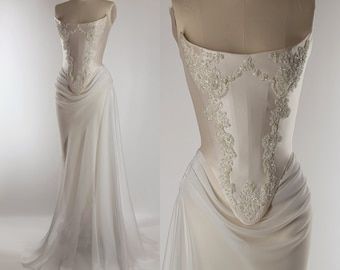 Pre-order Custom Bridal Cream Pearl White Satin Corset Mini Low V Back Skirt Hand Beaded Lace Crystal Embroidered Sheer Long Sleeves Dress - Etsy UK Silk Corset, Wedding Gown Dress, Lace Wedding Gown, Crystal Lace, Pretty Wedding Dresses, Wedding Dresses Corset, Dream Wedding Ideas Dresses, White Chiffon, Wedding Gowns Lace