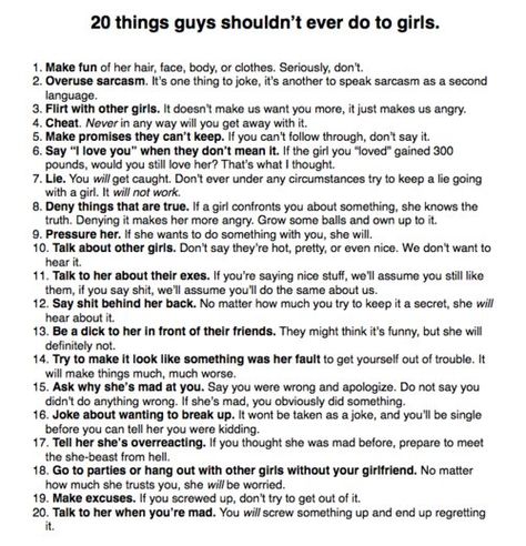 20 Things Guys Shouldn't Ever Do To Girls - I see a loooot of guys do these. Some boys need to take notes from this list, since every single one of these is true....just sayinn(: Guy Crush, Girl Language, Facts About Guys, To Be In Love, Crush Facts, Couple Stuff, Dear Crush, Funny Girl Quotes, Love Facts