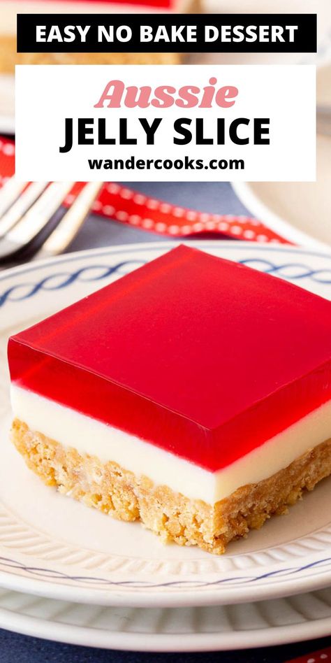 Jelly slice is a sweet and stunning treat for parties and gatherings, guaranteed to disappear the instant it hits the table! This super easy jelly slice recipe features the iconic three layers – biscuit base, condensed milk and red jelly – and only 7 ingredients. Jelly Cheesecake Slice, Jelly Party Ideas, Cake With Jelly Layer, Jelly Tarts Recipes, Condensed Milk Slice, Easy Slices Recipes, Jelly Slice Recipe, Easy Jelly Recipes, Easy Slice Recipes