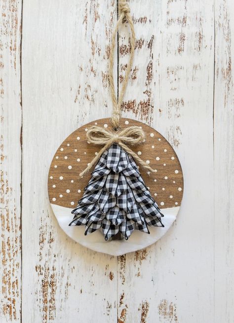 Made to Order Black and White Buffalo Plaid Pine Tree Ornament, Winter Wood Ornament, Snow Ornaments, Farmhouse Christmas Ornament - Etsy Plaid Ornaments Diy, Button Tree Ornaments Diy, Christmas Ornaments Homemade Ideas, Wood Christmas Ornaments Diy, Wood Ornaments Diy, Handmade Ornaments Diy, Diy Farmhouse Christmas Ornaments, Wood Tree Ornaments, Handmade Ornaments Christmas