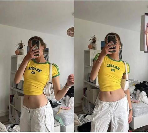 #graphictee #brazil #croptop Brazil Crop Top, Brazil Shirt, Y2k Shirts, Crop Top Y2k, Cut Off Shirt, Cropped Graphic Tees, Graphic Tees For Women, Streetwear Shirts, Oversized Outfit