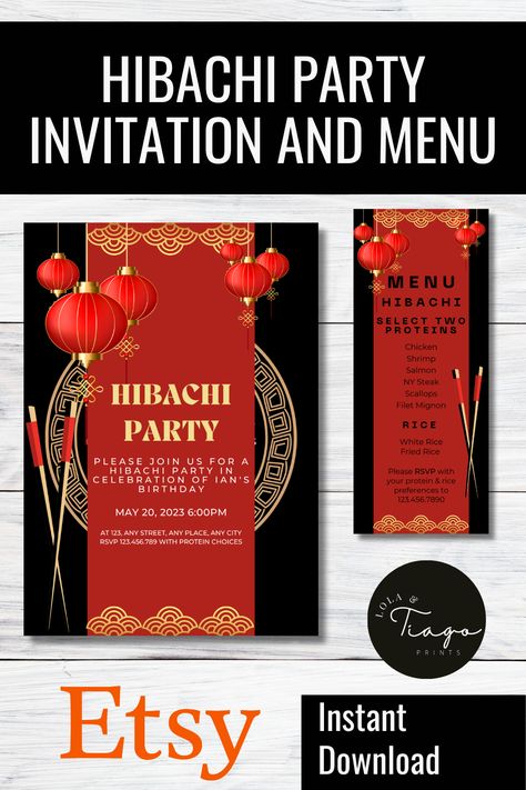 Hibachi Invitation, Hibachi Birthday, Japanese Restaurant Party, Hibachi Party, Hibachi Menu, Hibachi Dinner Invitation, Hibachi Meat Card, Digital Download

This Hibachi party bundle will impress your guests. Perfect for a home hibachi party, Hibachi Birthday at a Restaurant, Hibachi Rehearsal Dinner, or Hibachi Shower. This listing includes two different invitation options,  two menu options, and 3 posters to decorate your event. Hibachi Christmas Party, Hibachi Party Ideas At Home, Hibachi Birthday Party Ideas, Hibachi Theme Birthday Party, Birthday At A Restaurant, Home Hibachi, Hibachi Party, Japanese Theme Parties, Hibachi Dinner