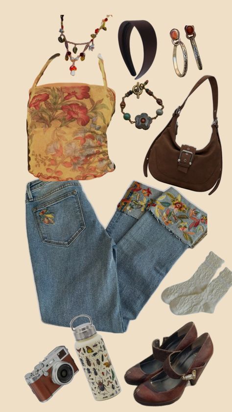 #cottagecore #floral #earthytones #outfit #cute #inspo Cottagecore Going Out Outfit, Bright Cottagecore Outfit, Trinket Core Outfit, Cottagecore Jeans Outfit, Trinketcore Outfit, City Cottagecore, Cottage Core Aesthetic Clothes, Whimsical Fits, Plant Mom Aesthetic Outfit