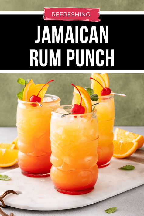 Jamaican Rum Punch is a delicious tropical party drink. It's made with rum and a variety of juices, making it that perfect drink for summer! Rum Pitcher Cocktails, E&j Drink Recipes, Easy Rum Drinks 3 Ingredients, Spiced Rum Punch Recipes, Drinks With Spiced Rum, Big Batch Rum Punch, Rum Punch Recipes For A Crowd, Rum Drinks Recipes Easy, Rum Party Punch