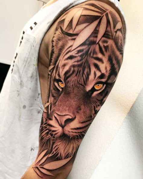 Large & Bold Shoulder & Sleeve Tiger Tattoo Tiger Tattoo Shoulder Men, Tiger With Leaves Tattoo, Large Tiger Tattoo, Tiger Tattoo For Women Arm, Shoulder Tiger Tattoo, Tiger Tattoo Shoulder, Tiger Half Sleeve Tattoo, Tiger Shoulder Tattoo, Tiger Tattoo Design Men