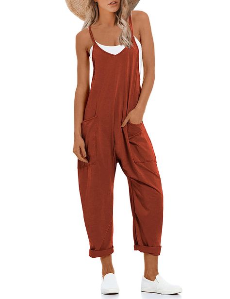 PRICES MAY VARY. Stretchy material, super soft and comfy, lightweight not see through Adjustable spaghetti straps summer jumpsuit, wide leg long harem pants overalls with two big side pockets Effortless and oversized fit, deep v neck, dropped crotch, solid color, lounge sleeveless overalls, black baggy one piece jumpsuits for women This 2024 spring summer fashion sleeveless jumpsuit is perfect for matching with t-shirts, tank tops, crop tops and sandals, heels, beach hats, and your favorite neck Summer Jumpsuit Casual, Loose Romper, Womens Jumpsuits Casual, Long Pant Jumpsuit, Solid Color Jumpsuits, Comfy Jumpsuits, Overall Jumpsuit, Maternity Jumpsuit, Jumpsuit Summer