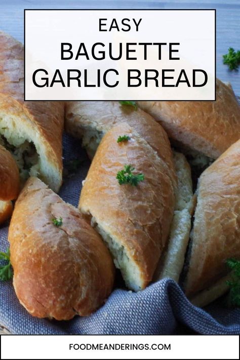 This Garlic bread (from baguette) is quick and easy and tastes so much better than store-bought. You only need a few ingredients and it's the ideal side dish for so many recipes including pasta, soups, stews, and salads! Baguette Garlic Bread, Easy Baguette, Garlic Bread Baguette, Pasta Soups, Savory Bread Recipe, Baked Breads, Babka Recipe, Sides Dishes, Bread Maker Recipes