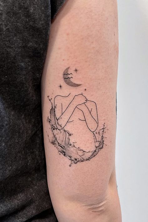 Fine Line Aquarius Tattoo, Aquarius Moon Tattoo, Aquarius And Pisces Tattoo, Aquarius Tattoo Designs For Women, Aquarius Goddess Tattoo, Aquarius Tattoo Ideas, Aquarius Tattoos, Angle Tattoo, Ig Caption