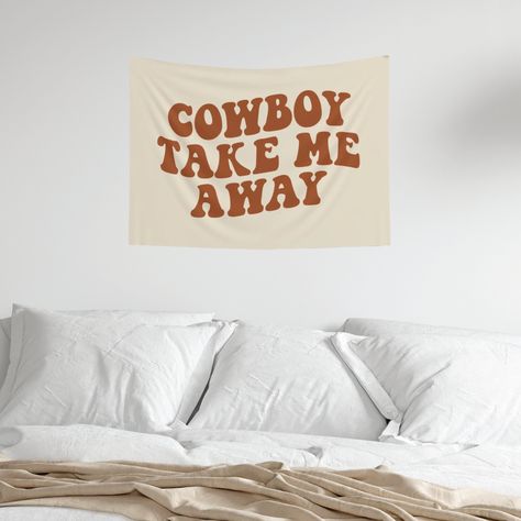 This Cowboy Take Me Away boho western aesthetic wall tapestry would be so cute for your dorm, bedroom or bachelorette party! ☻ THIS IS A PHYSICAL ITEM! ☻ * 100% polyester * Available in 2 sizes * Hemmed edges * Printed on one side * Indoor use *there are no holes for hanging ☻ CARE INSTRUCTIONS ☻ Wash the item only cold machine wash with similar colors garments using a gentle cycle. Tumble dry on low settings or hang dry. Do not bleach or dry clean. ☻ SIZING ☻ PLEASE CHECK THE SIZE OPTIONS AND S First Apartment Decorating Western, Boho Cowgirl Style Western Chic Bedroom, Country Western Bedroom, Country Dorm Room Ideas, Boho Cowgirl Bedroom, Western College Dorm, Western Aesthetic Decor, Western Aesthetic Bedroom, Western Room Decor Bedroom