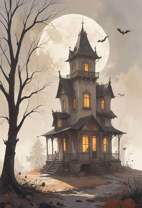 Welcome the charm of Halloween with this Folk art style haunted house illustration. This rustic Halloween decor is perfect for adding a touch of holiday magic to your space. The illustraion style of this haunted house adds a unique touch to your Halloween decor, evoking the ambiance of vintage Halloween decorations. The image creates a festive and welcoming atmosphere, perfect for celebrating the spooky season. With the convenience of digital download, you can quickly access and print this high- Spooky House Illustration, Spooky House Drawing, Haunted House Illustration, Creepy Town, Cute Haunted House, Rustic Halloween Decor, Image Halloween, Halloween Kunst, Rustic Halloween