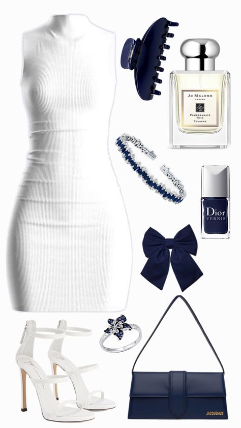 white dress, navy blue accessories, white & navy accesories White And Blue Outfits For Women, White And Navy Outfit, Navy Blue And White Outfits, Navy Blue Outfit Ideas, Navy Blue Accessories, Navy Outfits, Navy Dress Outfits, Navy Blue Outfit, Blue And White Outfits