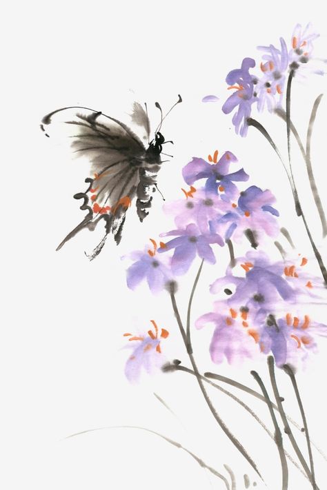 Chinese Butterfly Painting, Chinese Painting Traditional, Chinese Clipart, Butterfly Watercolor Painting, Chinese Butterfly, Chrysanthemum Painting, Chinese Painting Flowers, Chinese Ink Painting, Butterfly Beautiful