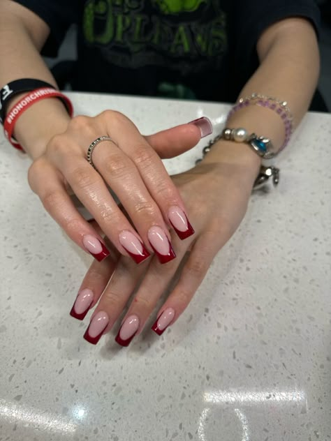 A square red french tip! #nails #rednails #frenchtipnails #redfrench Square French Tip Color, Red Square Nail Designs, Red French Tips Square, Red French Tip Square Nails, Red French Manicure Nails, Red French Tip Toe Nails, Square Red French Tip Nails, Short Red French Tip Nails, Red French Tip Nails Square