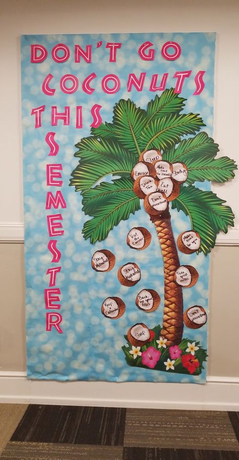 RA bulletin Board Paradise Bulletin Board Ideas, Hawaiian Bulletin Board Ideas, Residence Life Bulletin Boards, Ra College, Asb Ideas, Tropical Doors, Health Bulletin Boards, College Bulletin Boards, Ra Themes