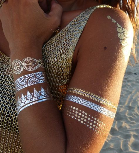 Body art Gold silver Jewelry tattoo model 91 by designsbykekugi Gold Tattoos, Henne Tattoo, Metallic Tattoo, Silver Tattoo, Jewelry Facts, Metallic Tattoo Temporary, Gold Silver Jewelry, Marquesan Tattoos, Gold Tattoo