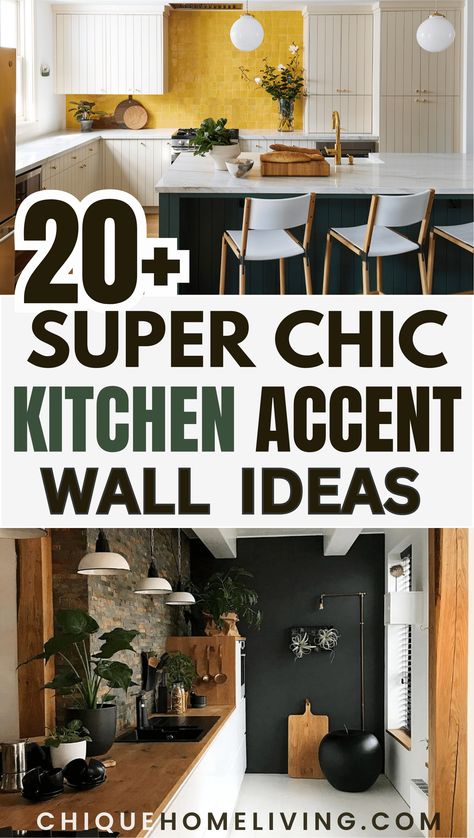 Elevate the style of your kitchen with these "20+ Super Chic Kitchen Accent Wall Ideas." Accent walls can add character, depth, and a touch of drama to your culinary space. Explore various design options to find the perfect accent for your kitchen. Feature Walls Kitchen, Small Accent Wall Kitchen, Kitchen Feature Wall Ideas Wallpaper, Peel And Stick Wallpaper Accent Walls Kitchen, Blank Wall In Kitchen Ideas, Kitchen Wallpaper Accent Wall, Kitchen Accent Wall Ideas, Best Kitchen Wall Colors, Kitchen Accent Wall