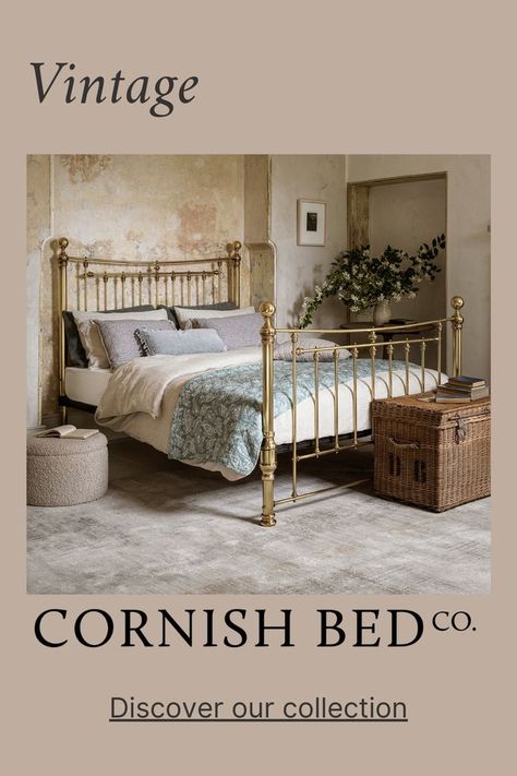 Brass metal bed styled against the wall with linen bedding and blue bed throw Brass Metal Bed Frame, Vintage Bed Frame Metal, Brass Bed Frame Bedroom Ideas, Metal Bed Frame Bedroom Ideas Vintage, Brass Bed Bedroom Ideas, Metal Bed Frame Bedroom Ideas, Vintage Brass Bed, Cast Iron Bed Frame, Single Bed Frames