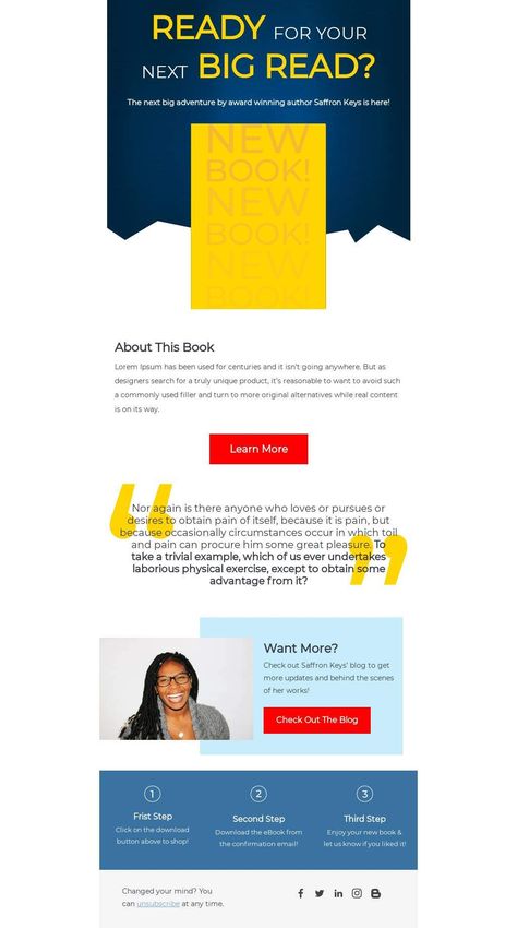 Customize this email design template with your content and send it to your mailing list for free! BEE is the easiest and quickest way to design elegant, mobile responsive emails, starting from scratch or from our 660+ ready-to-use templates.  Try our BEE editor for free at the link above. (No signup required) #emaildesign #emailtemplate #book Designed by Allison Valenzuela Mailing Design, Free Email Templates, Company Newsletter, Email Layout, Clean Book, Email Template Design, Responsive Email, Email Marketing Design, Book Clubs