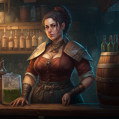 Fantasy Tavern Keeper, Tavern Keeper Fantasy Art, Elf Tavern Keeper, Tavern Keeper Character, Dnd Tavern Keeper, Fantasy Shopkeeper, Bartender Character Design, Dnd Bartender, Fantasy Bartender